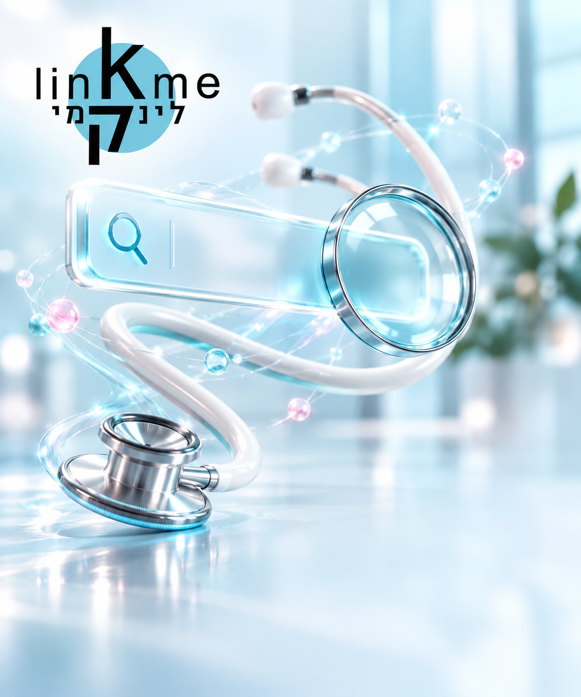 קידום אתרים לרופאים ומרפאות עם LinkMe, סטטוסקופ וזכוכית מגדלת המסמלים חיפוש בגוגל