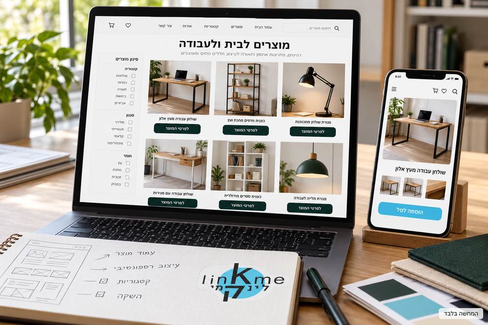 תמונת המחשה של חנות רהיטים מקוונת ועמוד מוצר בנייד, עם לוגו לינקמי