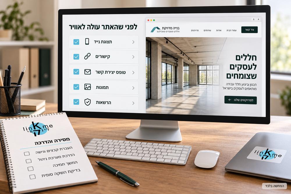 תמונת המחשה של בדיקות אתר לפני השקה ורשימת מסירה והדרכה, עם לוגו לינקמי