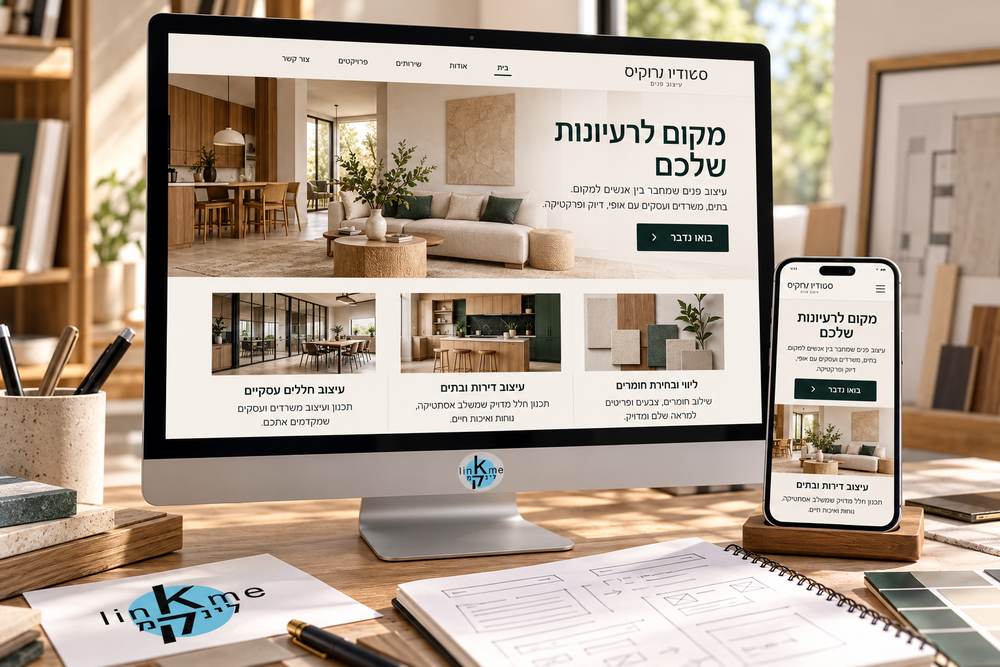 תמונת המחשה של אתר עסקי בעיצוב מותאם למחשב ולנייד, עם לוגו לינקמי