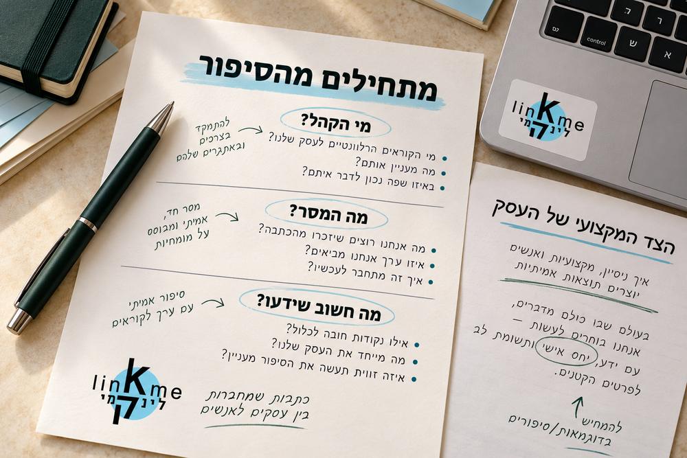 תמונת המחשה של מסמך הכנה לכתבת יחסי ציבור על שולחן עבודה, עם לוגו לינקמי