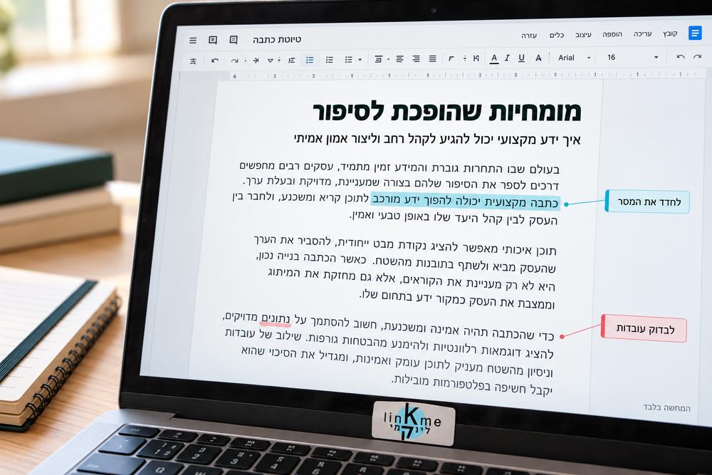 תמונת המחשה של עריכת כתבה בעברית עם הערות לבדיקת עובדות ולחידוד המסר, עם לוגו לינקמי
