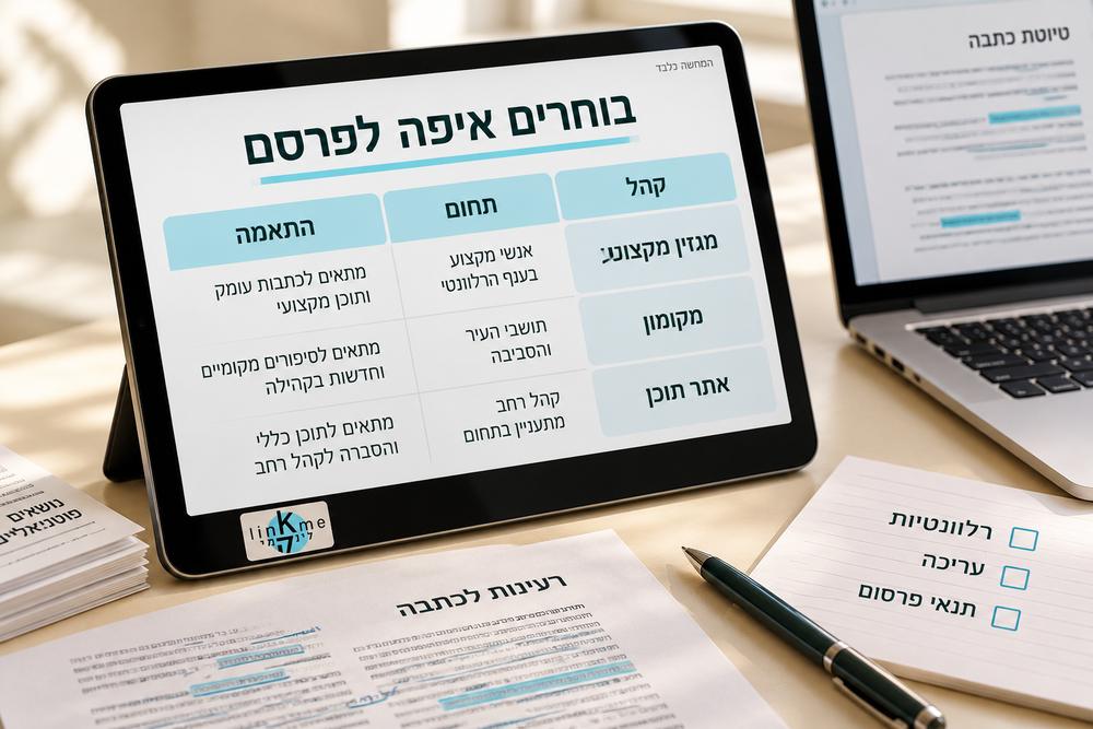 תמונת המחשה של בחירת אתר לפרסום כתבת תדמית לפי קהל ורלוונטיות, עם לוגו לינקמי
