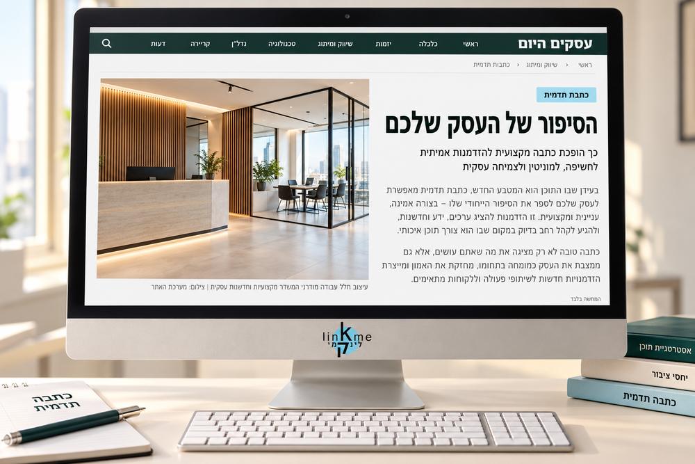 תמונת המחשה של כתבת תדמית במגזין דיגיטלי על מסך מחשב, עם לוגו לינקמי