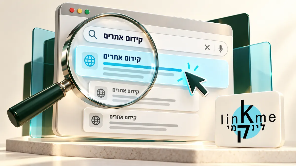 המחשה של קידום בגוגל והבלטת אתר בתוצאות החיפוש, עם הלוגו של לינקמי