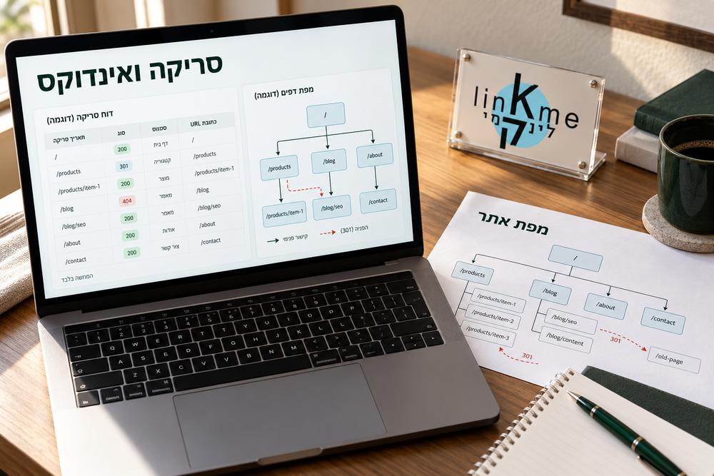 מחשב עם דוח סריקה לדוגמה ומפת קשרים בין עמודי האתר