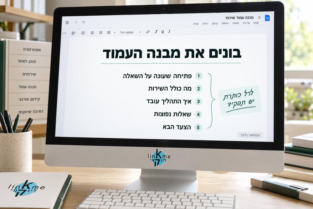 תמונת המחשה של בניית מבנה עמוד וכותרות בעברית במחשב, עם לוגו לינקמי