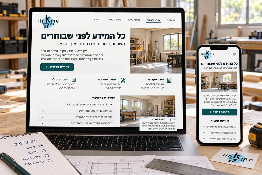 תמונת המחשה של תוכן אתר ברור במחשב ובטלפון, עם לוגו לינקמי