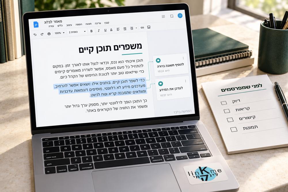 תמונת המחשה של עדכון תוכן קיים ובדיקת דיוק במחשב, עם לוגו לינקמי